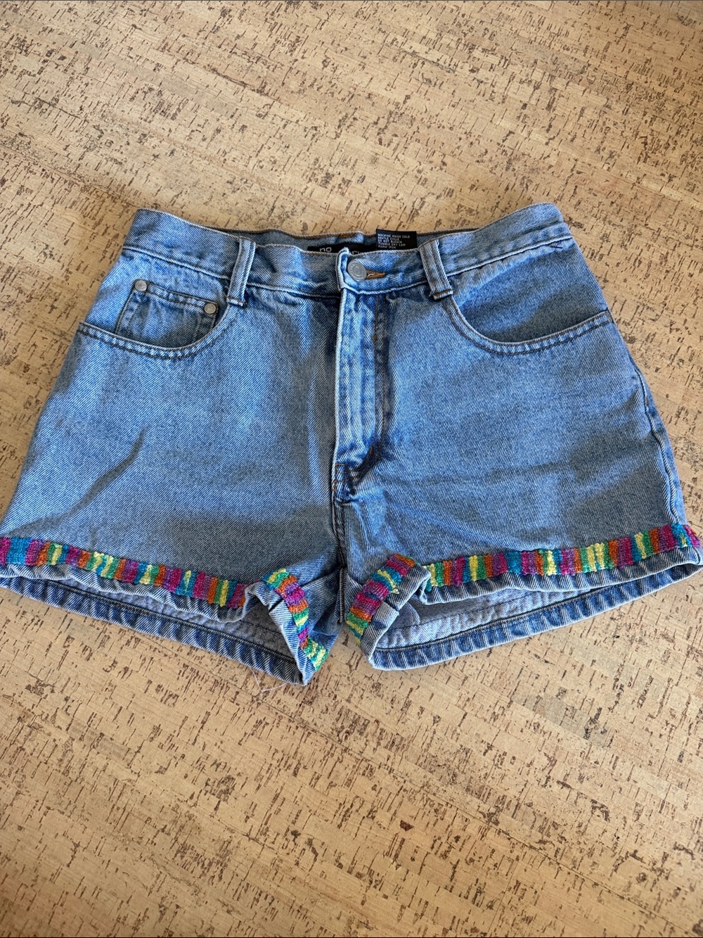 Blue Denim Shorts with Rainbow Crochet Trim